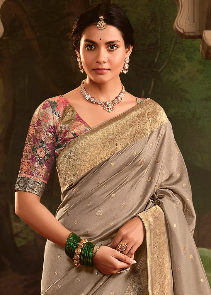 Tapestry Brown Crepe Dola Silk Saree with Rich Zari Weaving - House of Sarvati LLC
