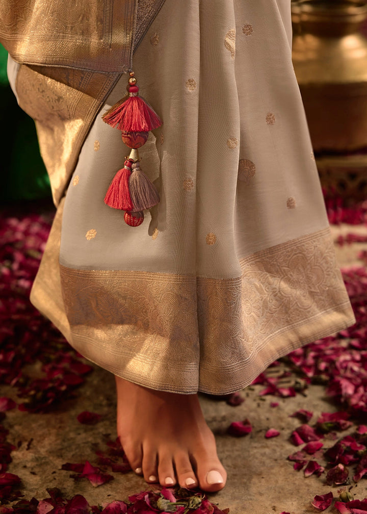 Tapestry Brown Crepe Dola Silk Saree with Rich Zari Weaving - House of Sarvati LLC