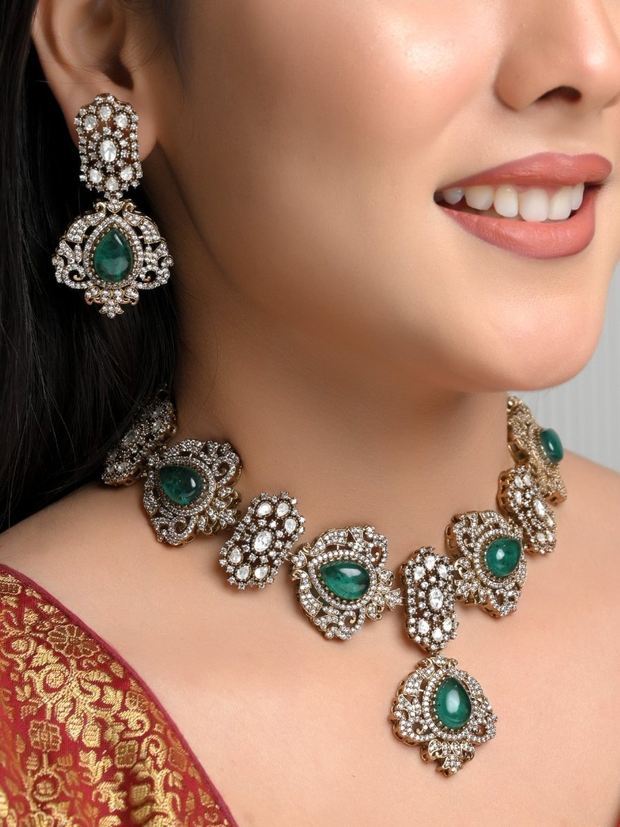 Tapti Green Victorian Necklace Set - House of Sarvati LLC