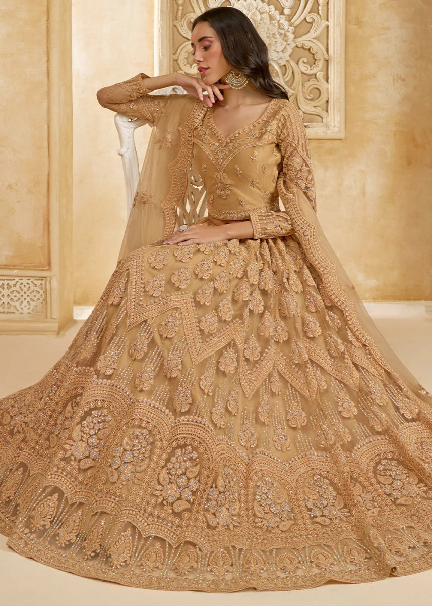 Tawny Brown Net Lehenga Choli with Handcrafted Cording, Thread, and Stone Work - House of Sarvati LLC
