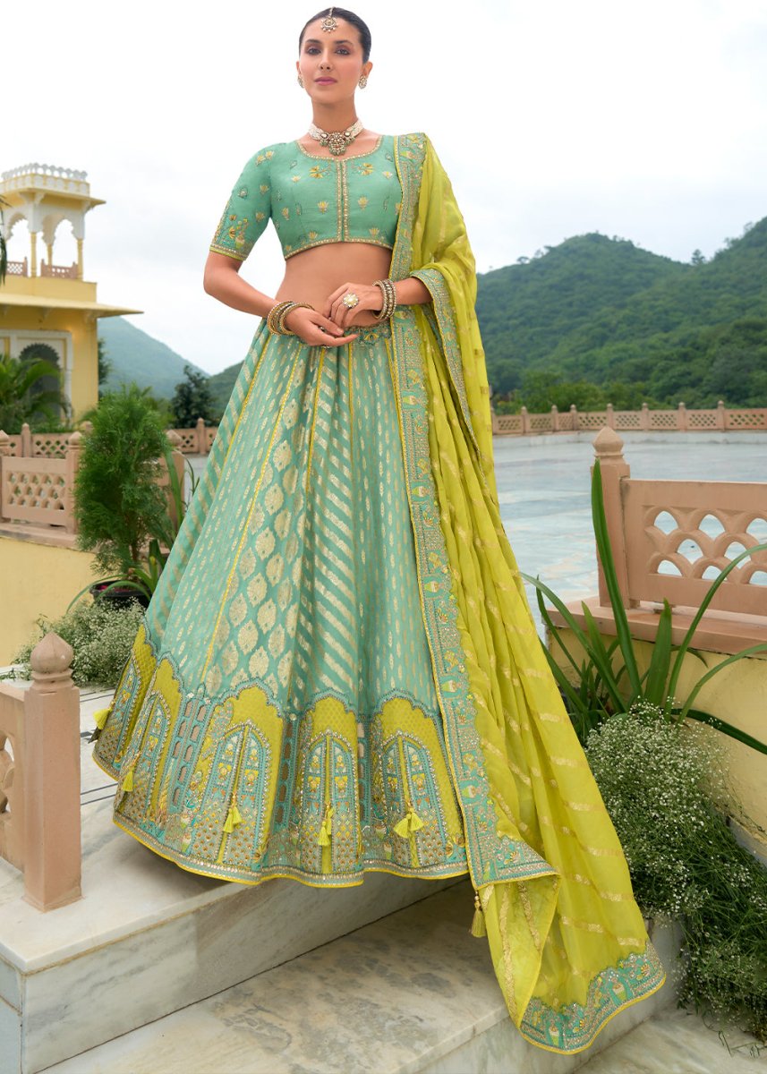 Tea Green Banarasi Silk Lehenga with Heavy Khatli & Embroidery Work - House of Sarvati LLC