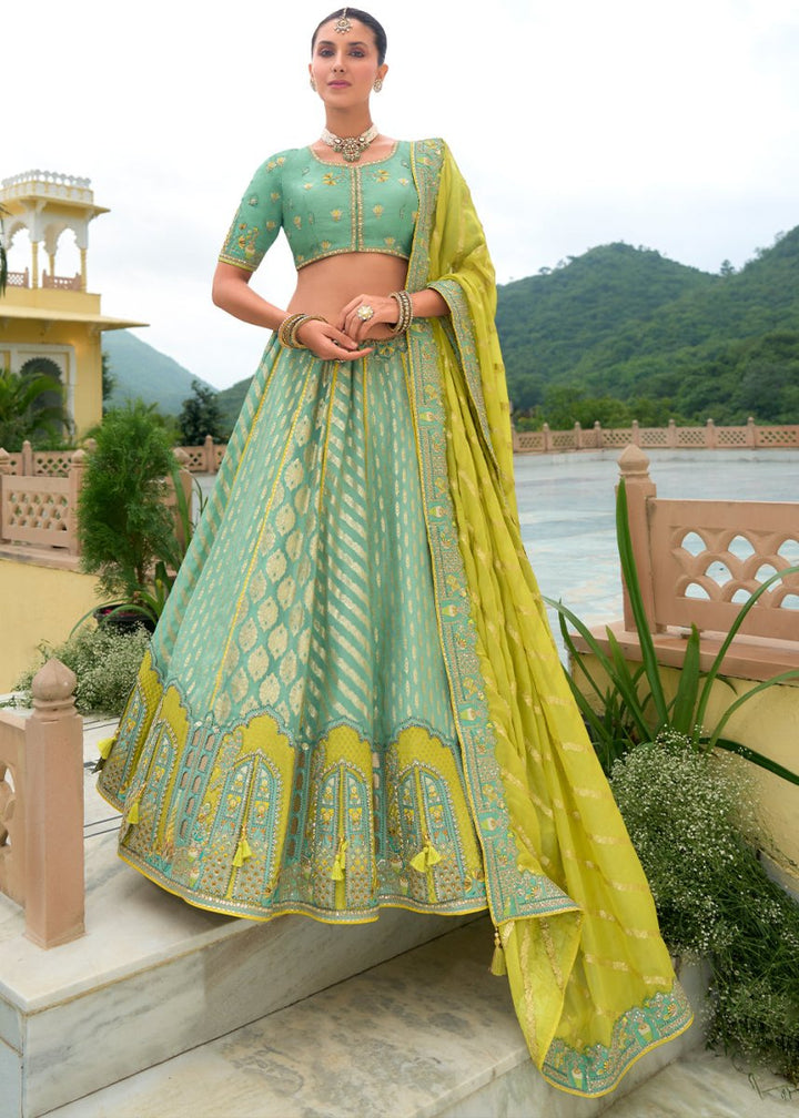 Tea Green Banarasi Silk Lehenga with Heavy Khatli & Embroidery Work - House of Sarvati LLC