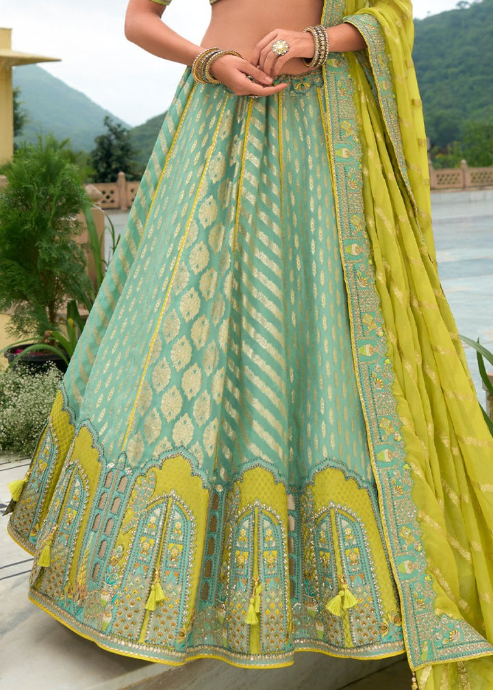 Tea Green Banarasi Silk Lehenga with Heavy Khatli & Embroidery Work - House of Sarvati LLC