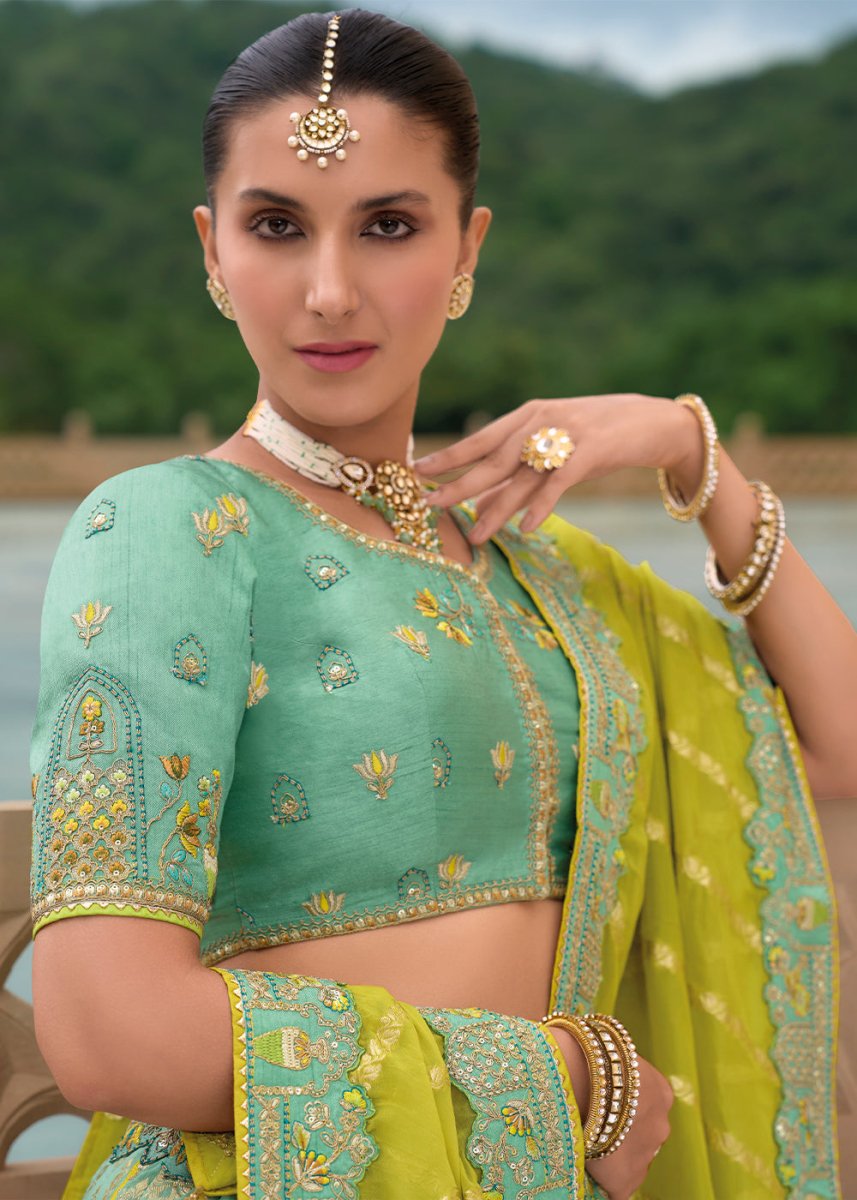Tea Green Banarasi Silk Lehenga with Heavy Khatli & Embroidery Work - House of Sarvati LLC