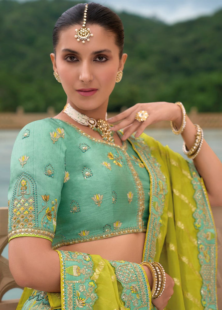 Tea Green Banarasi Silk Lehenga with Heavy Khatli & Embroidery Work - House of Sarvati LLC