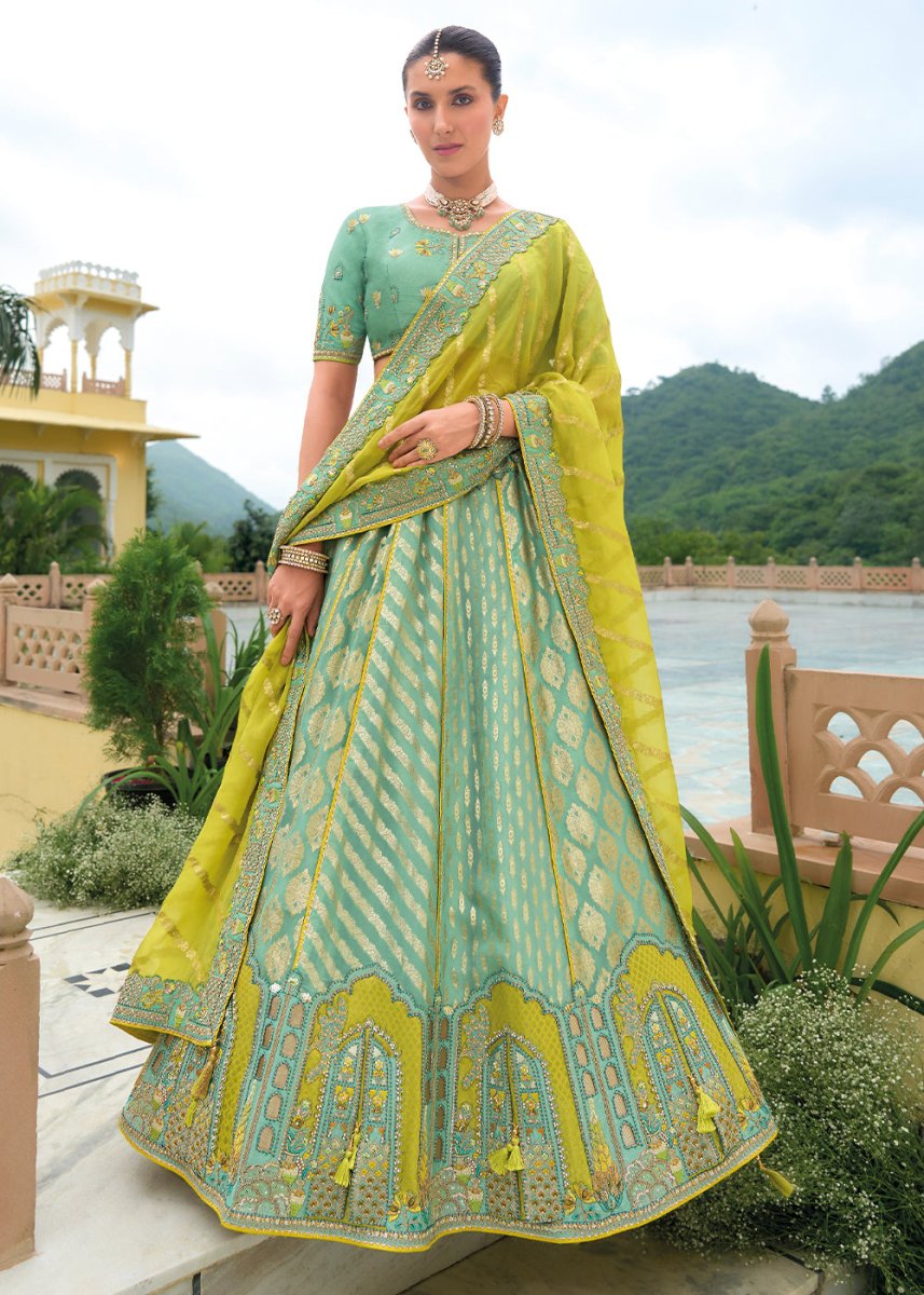 Tea Green Banarasi Silk Lehenga with Heavy Khatli & Embroidery Work - House of Sarvati LLC