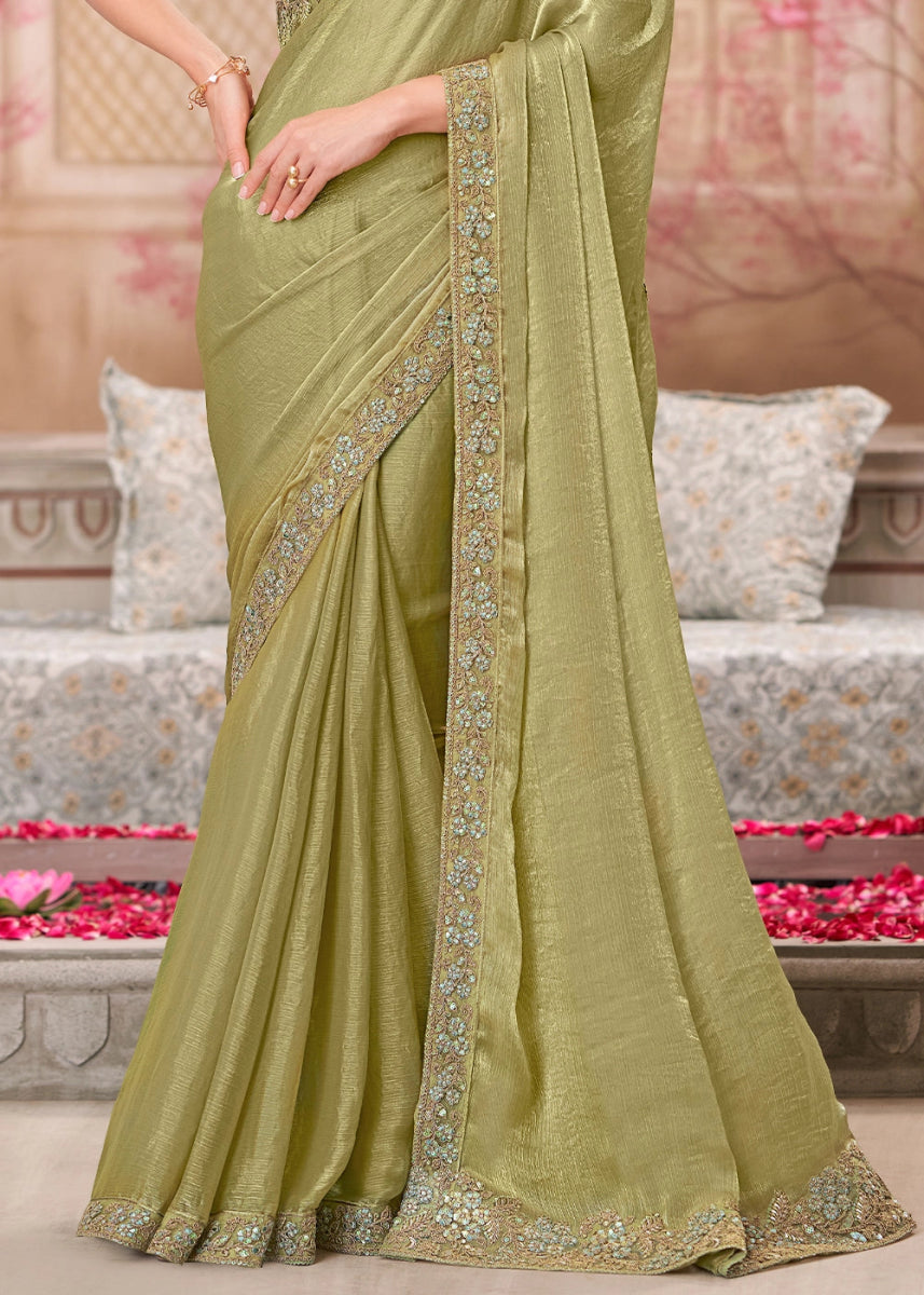 Tea Green Chiffon Silk Saree With Detailed Embroidery And Luxe Appeal - House of Sarvati LLC