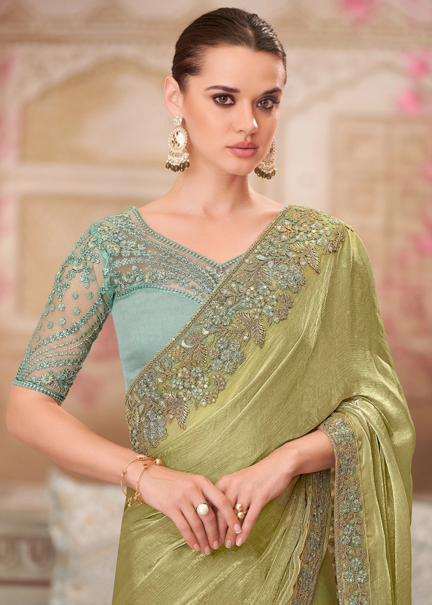 Tea Green Chiffon Silk Saree With Detailed Embroidery And Luxe Appeal - House of Sarvati LLC