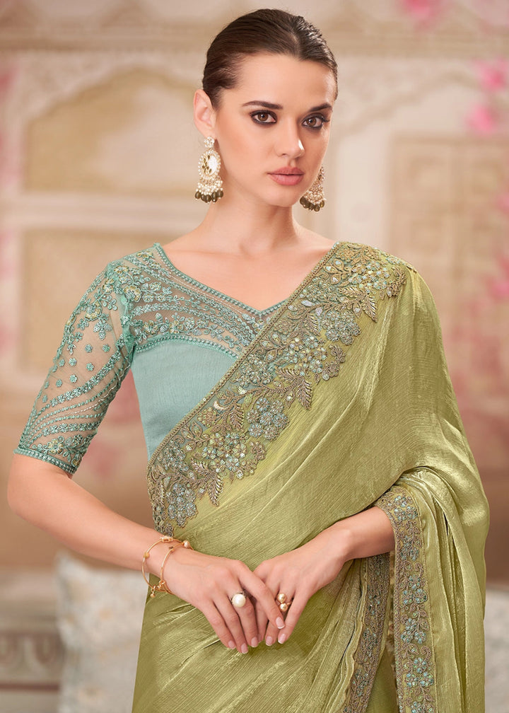 Tea Green Chiffon Silk Saree With Detailed Embroidery And Luxe Appeal - House of Sarvati LLC
