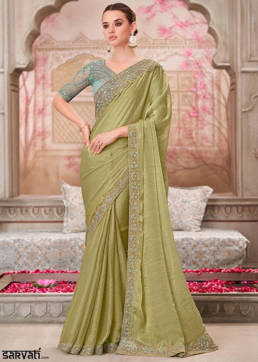 Tea Green Chiffon Silk Saree With Detailed Embroidery And Luxe Appeal - House of Sarvati LLC