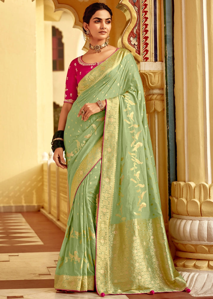 Tea Green Dola Silk Saree with Intricate Weaving & Embroidered Blouse - House of Sarvati LLC