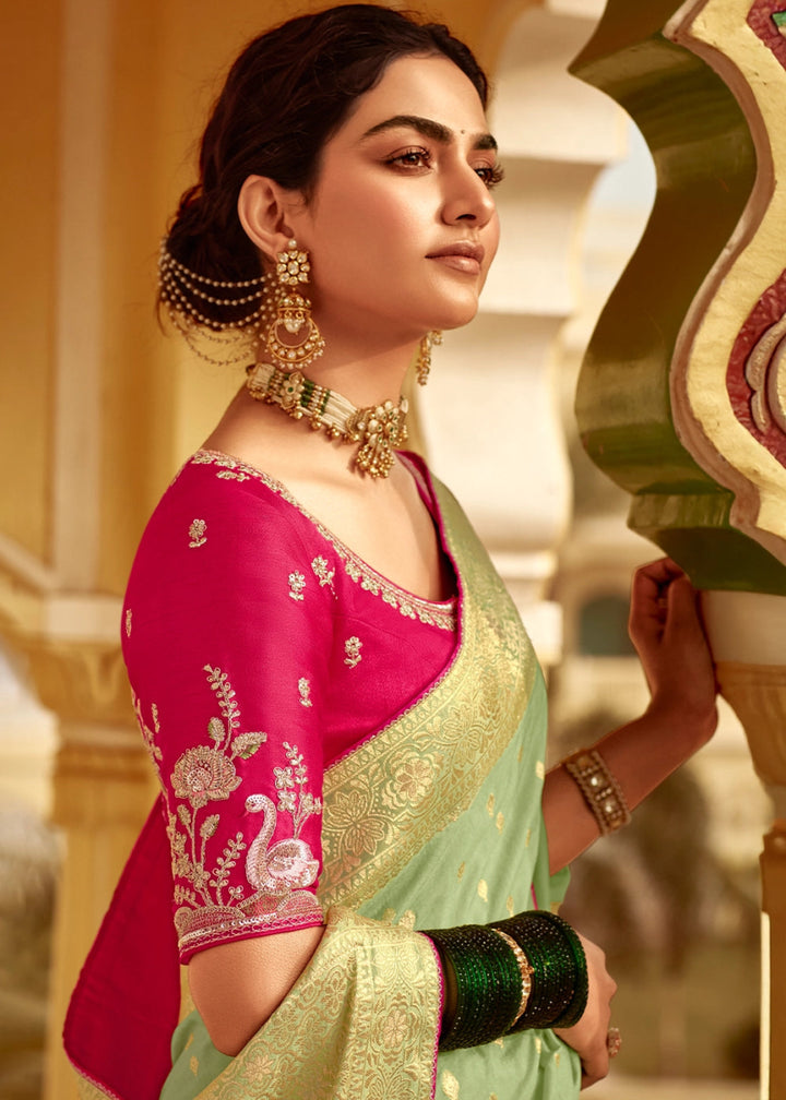 Tea Green Dola Silk Saree with Intricate Weaving & Embroidered Blouse - House of Sarvati LLC