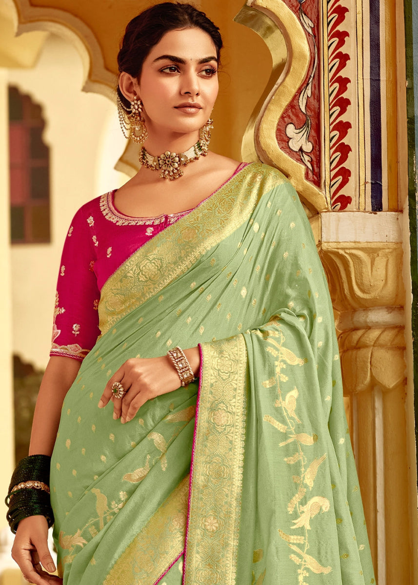 Tea Green Dola Silk Saree with Intricate Weaving & Embroidered Blouse - House of Sarvati LLC