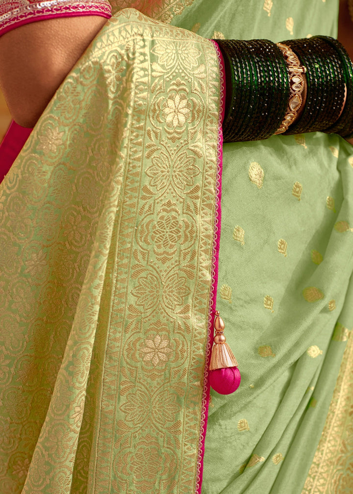 Tea Green Dola Silk Saree with Intricate Weaving & Embroidered Blouse - House of Sarvati LLC