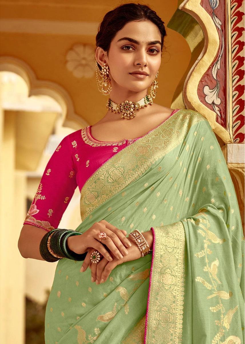 Tea Green Dola Silk Saree with Intricate Weaving & Embroidered Blouse - House of Sarvati LLC