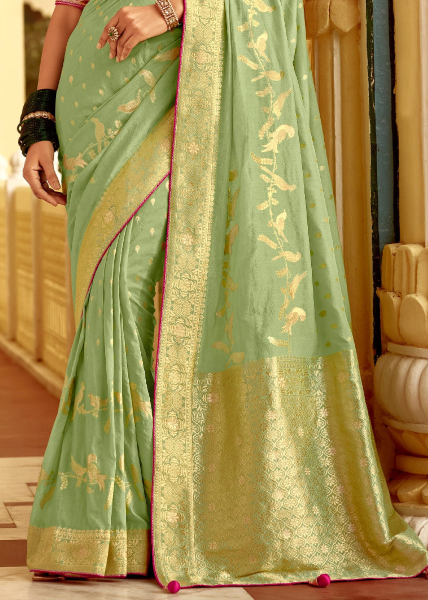 Tea Green Dola Silk Saree with Intricate Weaving & Embroidered Blouse - House of Sarvati LLC