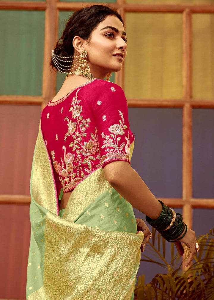 Tea Green Dola Silk Saree with Intricate Weaving & Embroidered Blouse - House of Sarvati LLC