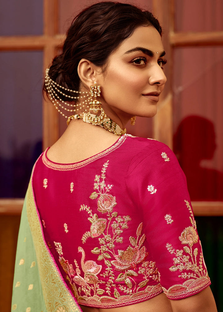 Tea Green Dola Silk Saree with Intricate Weaving & Embroidered Blouse - House of Sarvati LLC