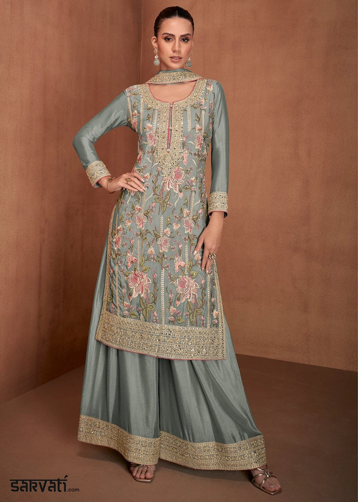 Tea Green Festive Palazzo Suit with Elegant Floral Embroidery - House of Sarvati LLC