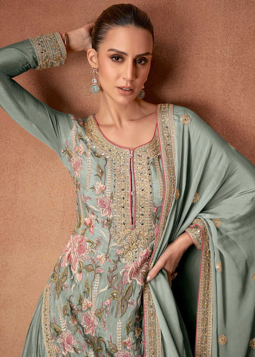 Tea Green Festive Palazzo Suit with Elegant Floral Embroidery - House of Sarvati LLC