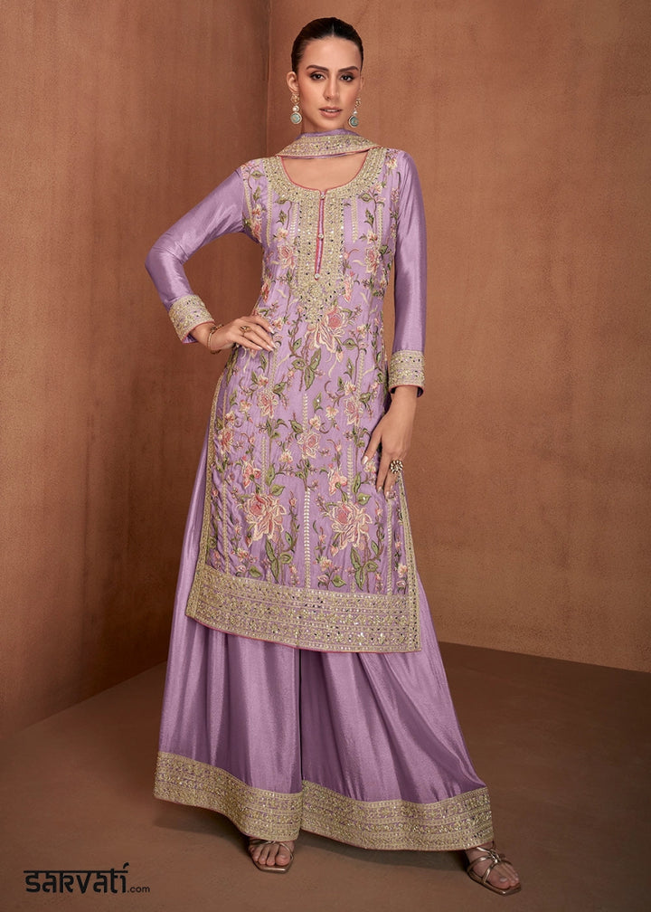 Tea Green Festive Palazzo Suit with Elegant Floral Embroidery - House of Sarvati LLC
