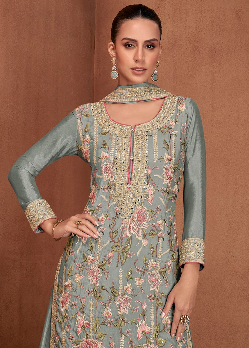 Tea Green Festive Palazzo Suit with Elegant Floral Embroidery - House of Sarvati LLC