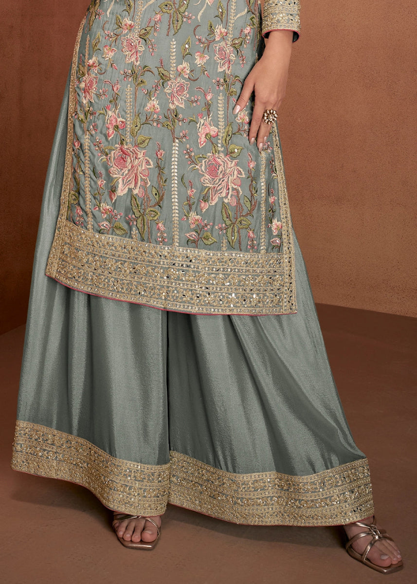 Tea Green Festive Palazzo Suit with Elegant Floral Embroidery - House of Sarvati LLC