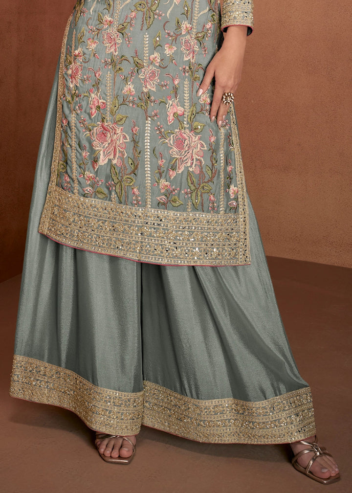 Tea Green Festive Palazzo Suit with Elegant Floral Embroidery - House of Sarvati LLC