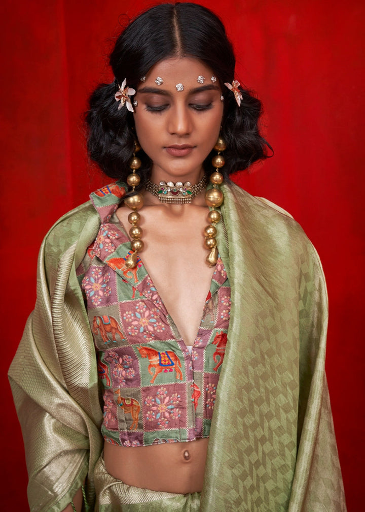 Tea Green Handloom Tissue Silk Saree with Intricate Border Weaving - House of Sarvati LLC