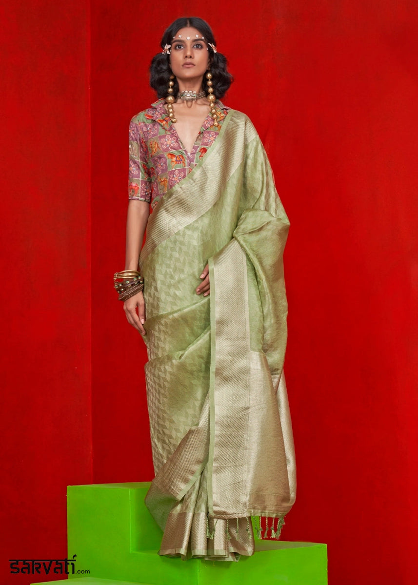 Tea Green Handloom Tissue Silk Saree with Intricate Border Weaving - House of Sarvati LLC