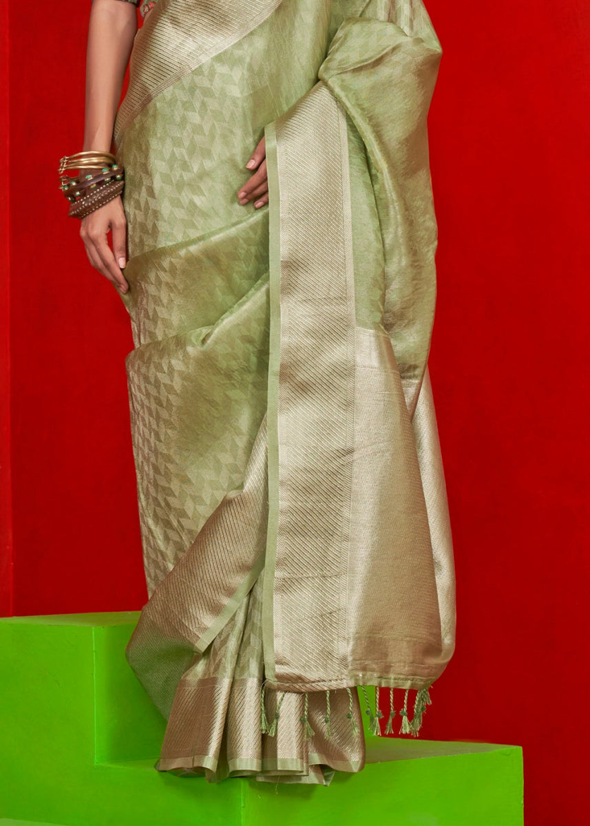 Tea Green Handloom Tissue Silk Saree with Intricate Border Weaving - House of Sarvati LLC