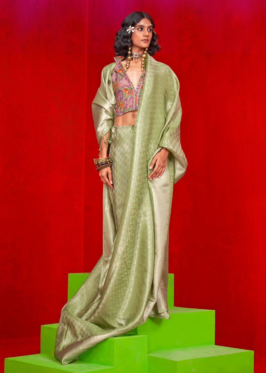 Tea Green Handloom Tissue Silk Saree with Intricate Border Weaving - House of Sarvati LLC
