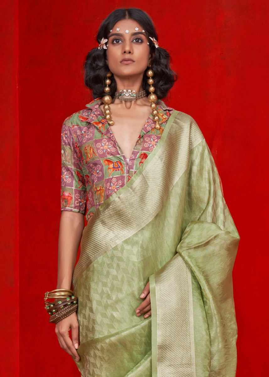 Tea Green Handloom Tissue Silk Saree with Intricate Border Weaving - House of Sarvati LLC