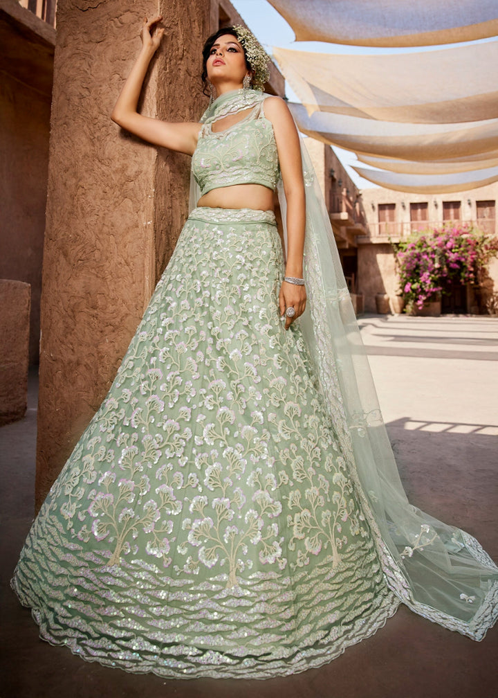 Tea Green Net Lehenga Choli with Floral Sequin Detailing - House of Sarvati LLC