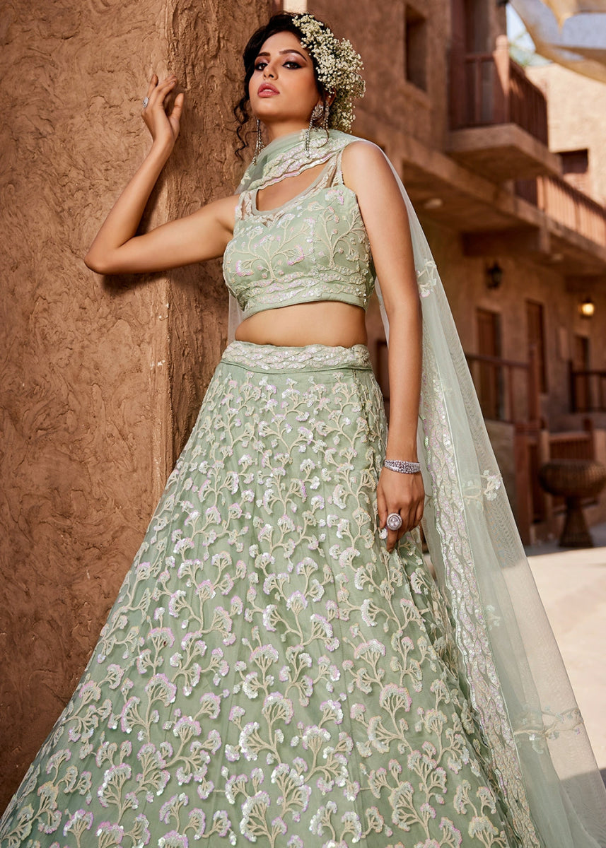 Tea Green Net Lehenga Choli with Floral Sequin Detailing - House of Sarvati LLC