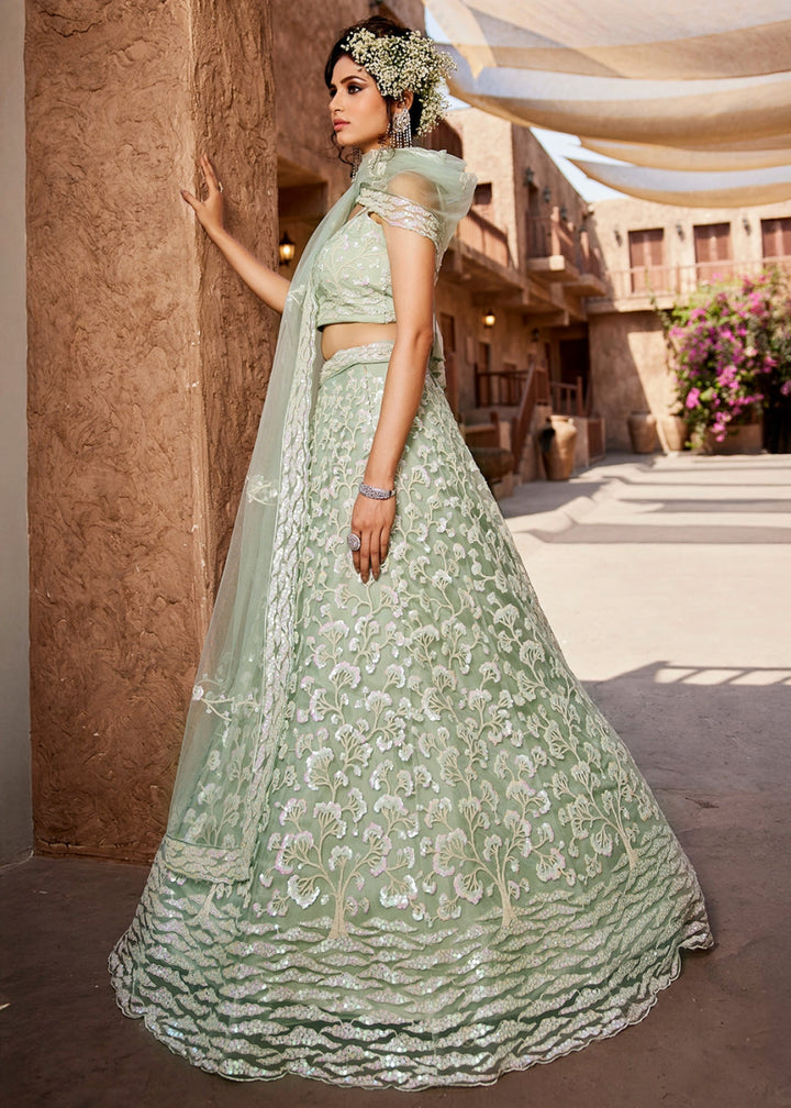 Tea Green Net Lehenga Choli with Floral Sequin Detailing - House of Sarvati LLC