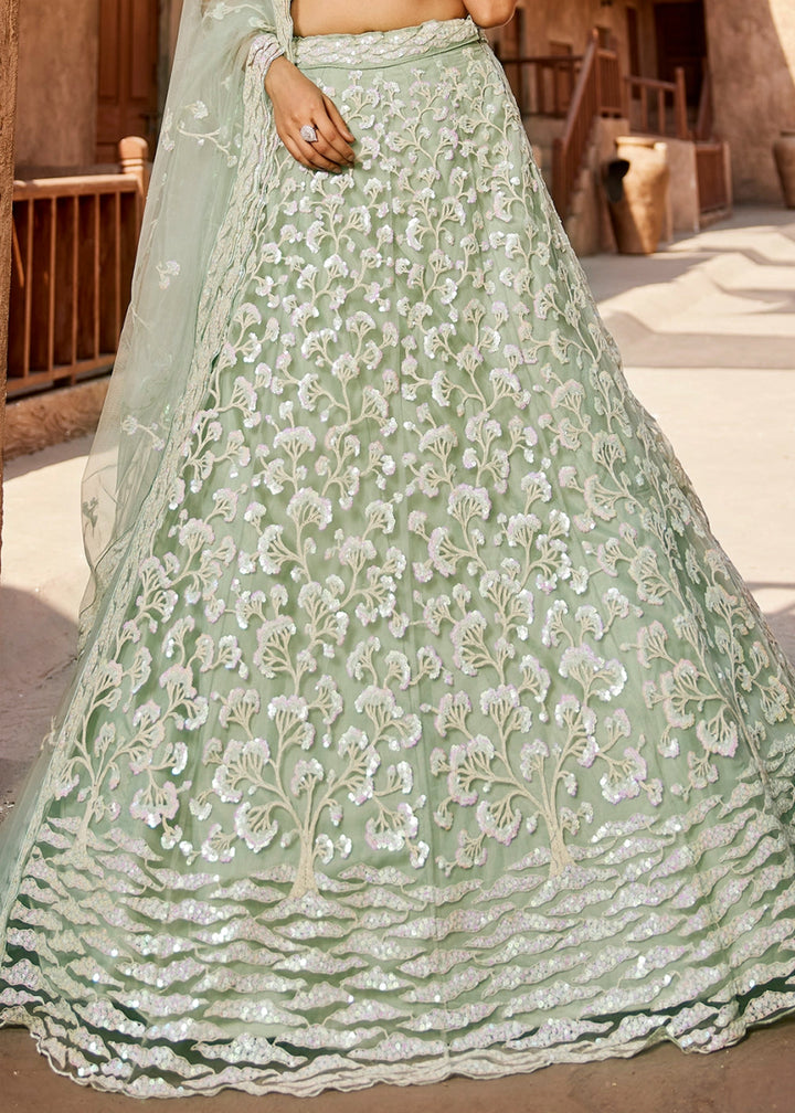 Tea Green Net Lehenga Choli with Floral Sequin Detailing - House of Sarvati LLC