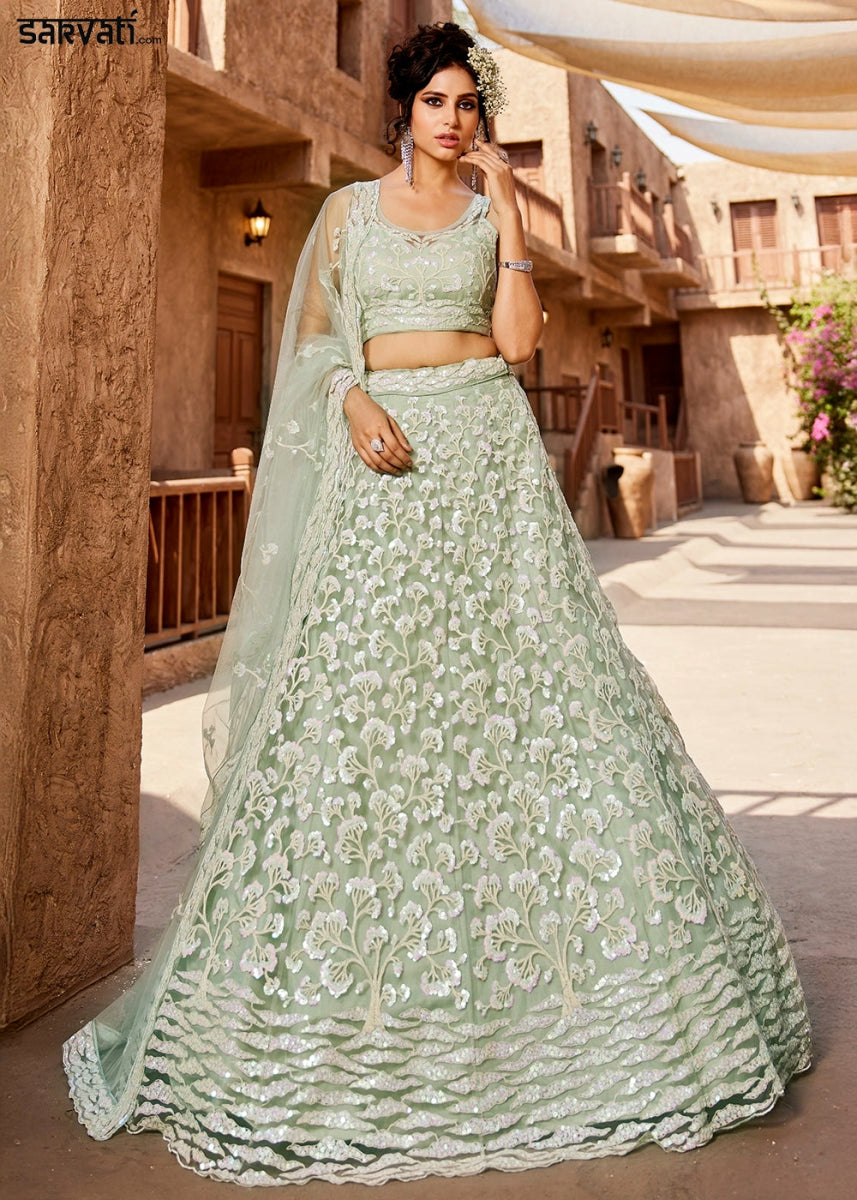 Tea Green Net Lehenga Choli with Floral Sequin Detailing - House of Sarvati LLC