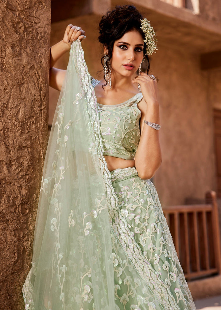 Tea Green Net Lehenga Choli with Floral Sequin Detailing - House of Sarvati LLC