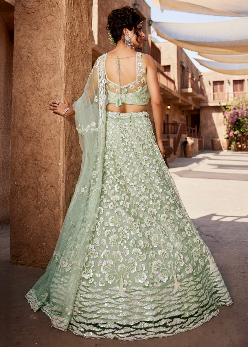Tea Green Net Lehenga Choli with Floral Sequin Detailing - House of Sarvati LLC