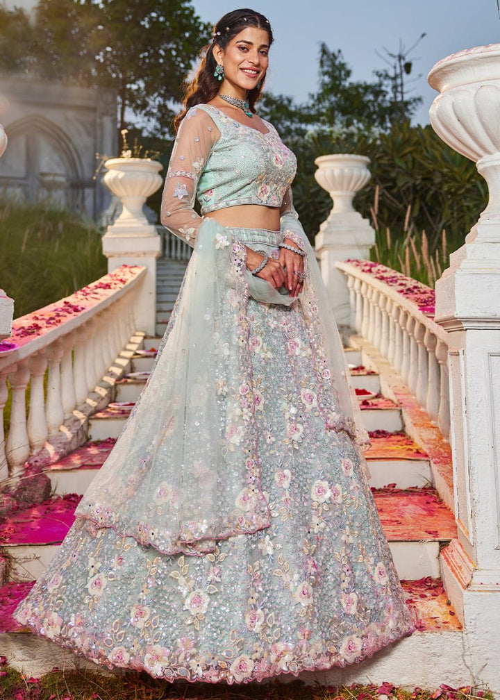 Tea Green Net Lehenga Choli with Sparkling Sequins & Zarkan Work - House of Sarvati LLC