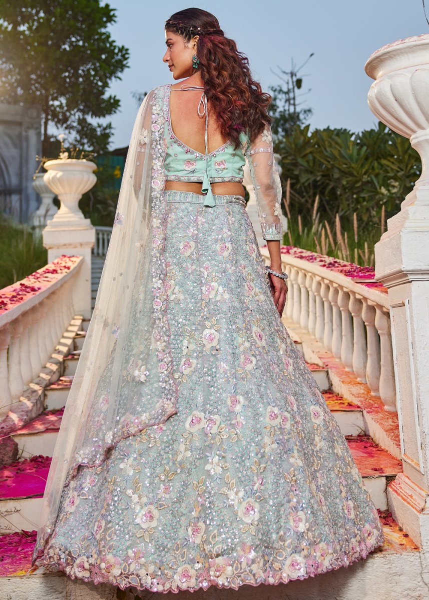 Tea Green Net Lehenga Choli with Sparkling Sequins & Zarkan Work - House of Sarvati LLC
