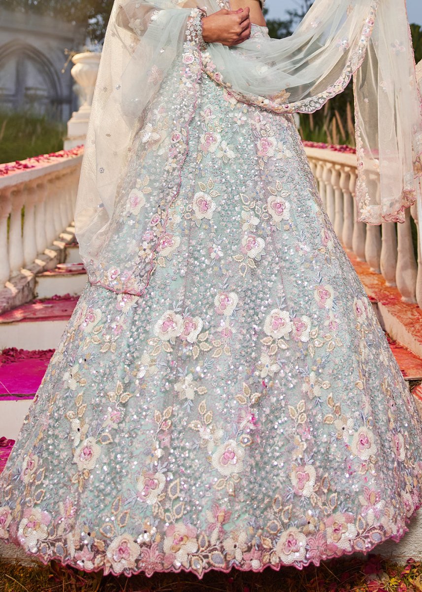Tea Green Net Lehenga Choli with Sparkling Sequins & Zarkan Work - House of Sarvati LLC