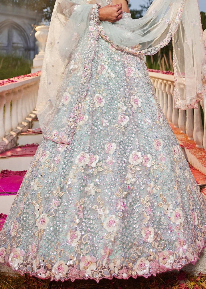 Tea Green Net Lehenga Choli with Sparkling Sequins & Zarkan Work - House of Sarvati LLC