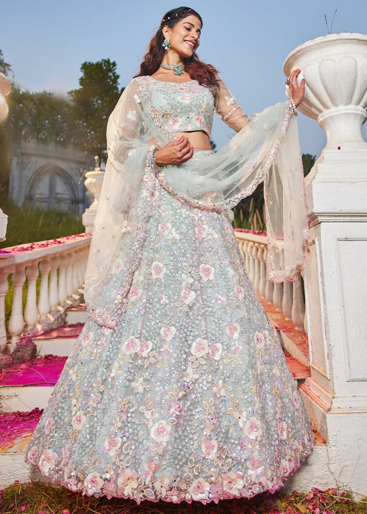 Tea Green Net Lehenga Choli with Sparkling Sequins & Zarkan Work - House of Sarvati LLC