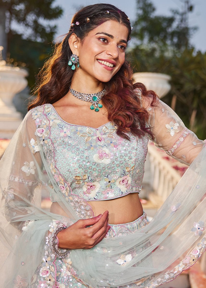 Tea Green Net Lehenga Choli with Sparkling Sequins & Zarkan Work - House of Sarvati LLC