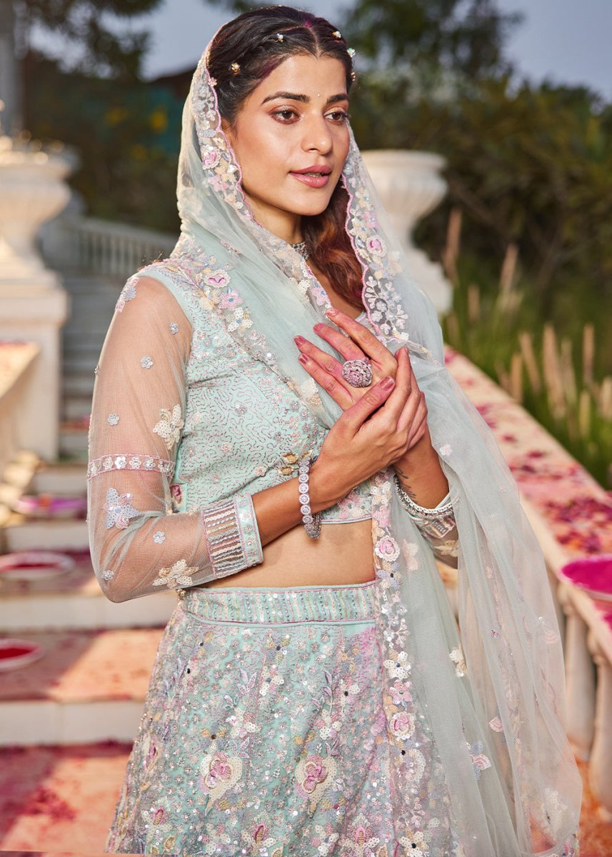 Tea Green Net Lehenga Choli with Sparkling Sequins & Zarkan Work - House of Sarvati LLC