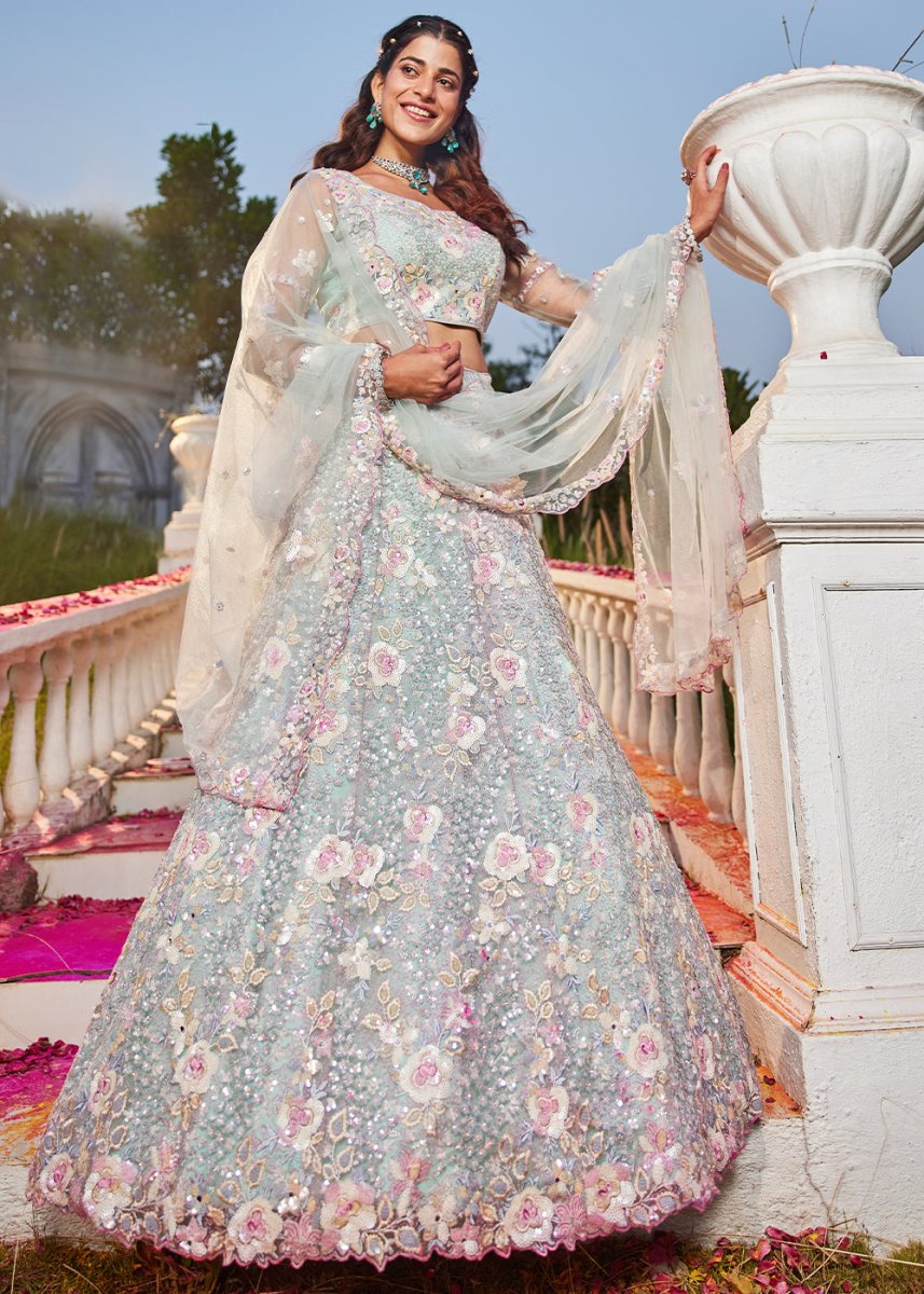 Tea Green Net Lehenga Choli with Sparkling Sequins & Zarkan Work - House of Sarvati LLC