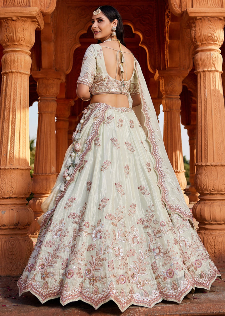 Tea Green Tissue Lehenga with Ornate Beads & Stone Handwork - House of Sarvati LLC