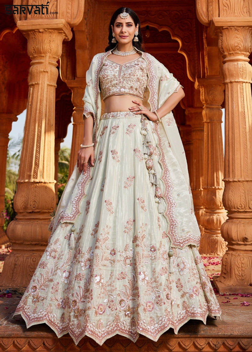 Tea Green Tissue Lehenga with Ornate Beads & Stone Handwork - House of Sarvati LLC